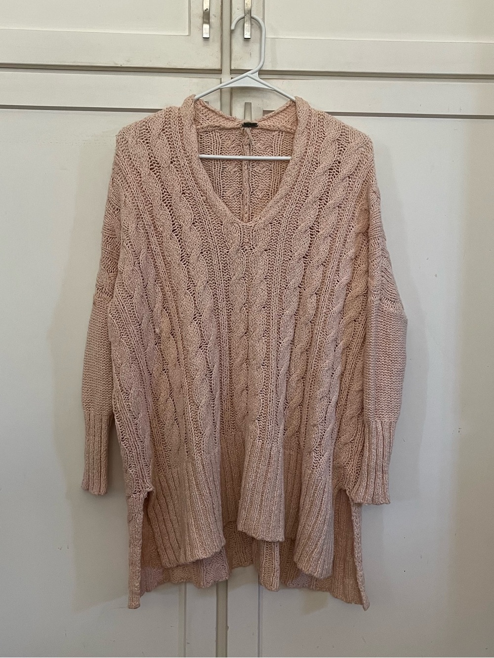 Free People Pink Cable Knit V-Neck Sweater